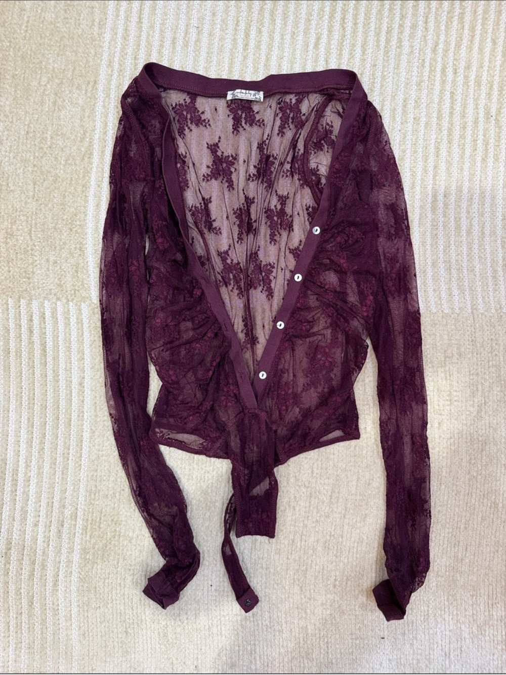 Free People Sheer Lace Tie-Front Bodysuit in Plum